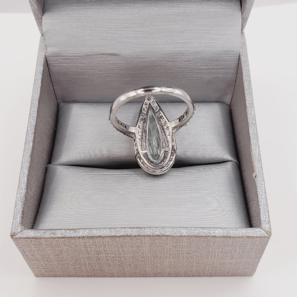 Montezuma Prasiolite & White Zircon Pear Shape Halo Ring in Platinum | Sterling